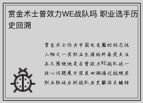 赏金术士曾效力WE战队吗 职业选手历史回溯