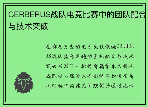 CERBERUS战队电竞比赛中的团队配合与技术突破